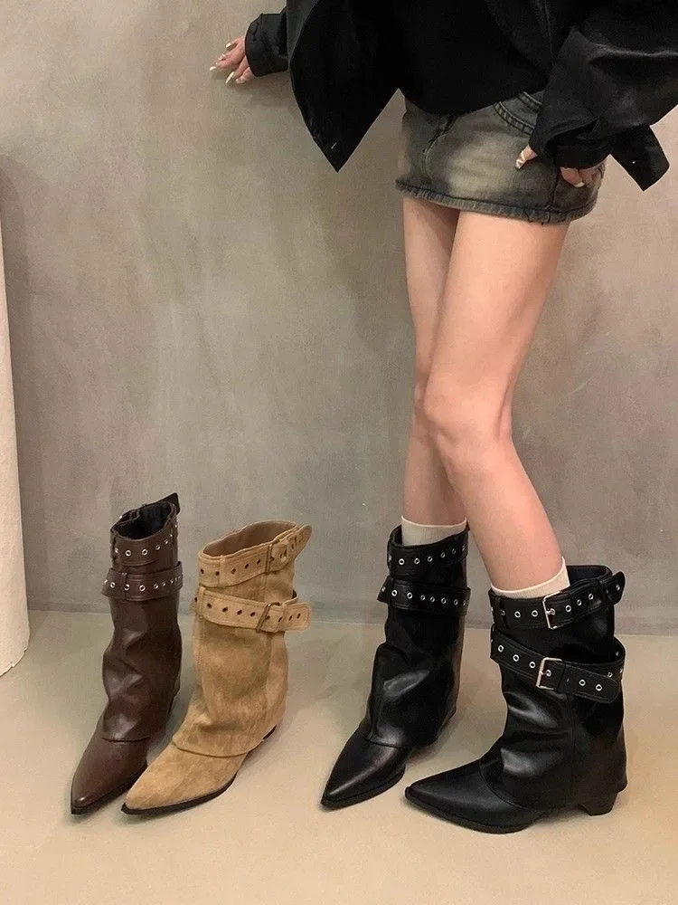 Vintage Thick Heel Pointed Toe Women Pipe Boots Fashion Belt Buckle Ladies Elegant Slip On Mordern Mid Calf Booties