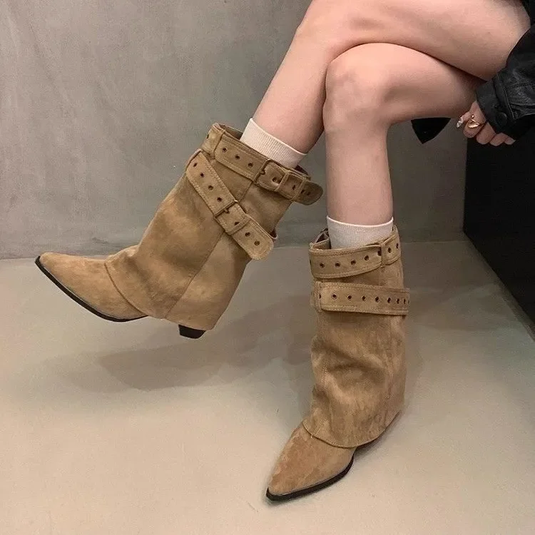 Vintage Thick Heel Pointed Toe Women Pipe Boots Fashion Belt Buckle Ladies Elegant Slip On Mordern Mid Calf Booties