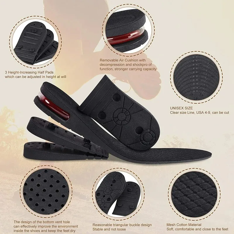 Multi-Level Height Lift Insoles, 3-9cm Air Cushion Shock Absorbing Inserts, Invisible Elevator Pads for Men & Women 1Pair/2Pairs