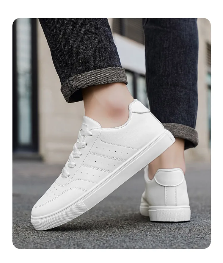 Men Classic Leather Skate Shoes Lace Up Flat Casual Sneakers Non Slip Daily Walking Footwear Black White 2 Colors