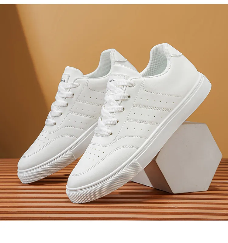 Men Classic Leather Skate Shoes Lace Up Flat Casual Sneakers Non Slip Daily Walking Footwear Black White 2 Colors