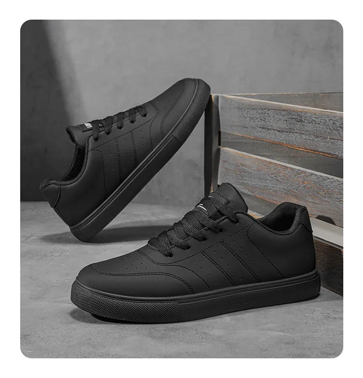 Men Classic Leather Skate Shoes Lace Up Flat Casual Sneakers Non Slip Daily Walking Footwear Black White 2 Colors