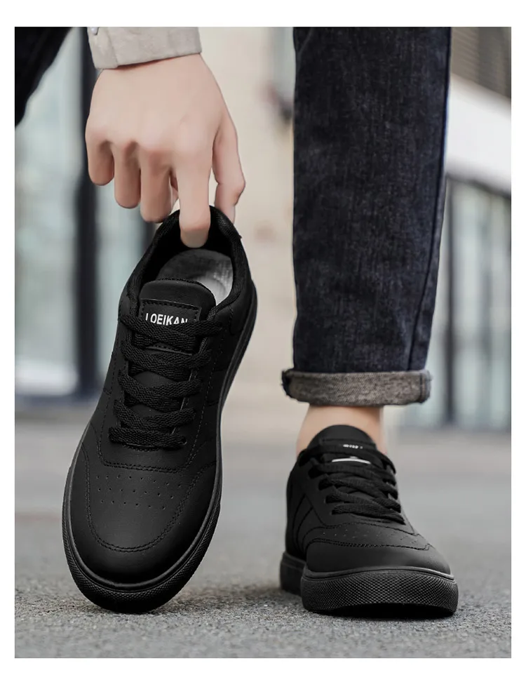 Men Classic Leather Skate Shoes Lace Up Flat Casual Sneakers Non Slip Daily Walking Footwear Black White 2 Colors