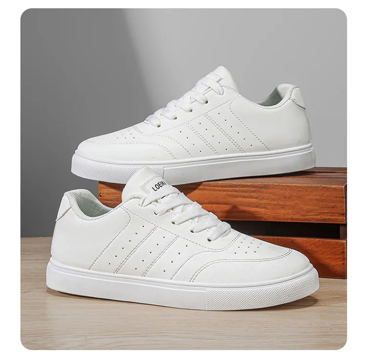 Men Classic Leather Skate Shoes Lace Up Flat Casual Sneakers Non Slip Daily Walking Footwear Black White 2 Colors