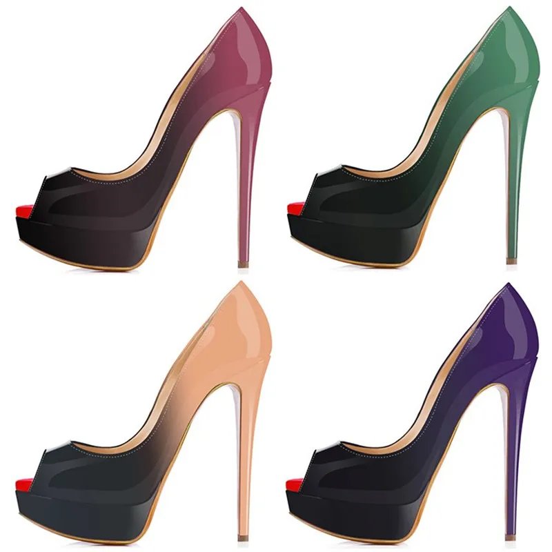 Women Stilettos Sexy Pumps 14cm Extremely Platform Peep Toe High Heels Patent Leather Party Nighclub Dress Red Wedding Shoes