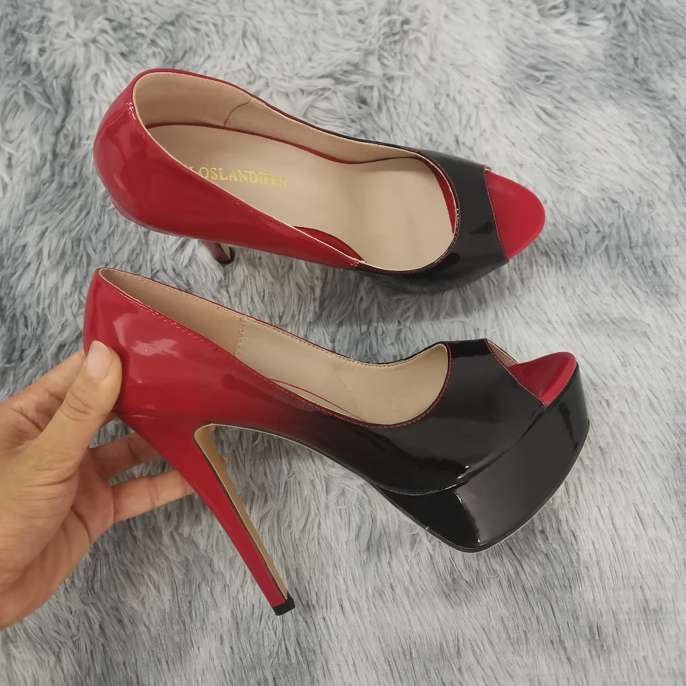 Women Stilettos Sexy Pumps 14cm Extremely Platform Peep Toe High Heels Patent Leather Party Nighclub Dress Red Wedding Shoes