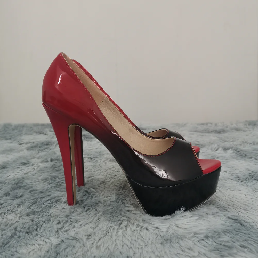 Women Stilettos Sexy Pumps 14cm Extremely Platform Peep Toe High Heels Patent Leather Party Nighclub Dress Red Wedding Shoes