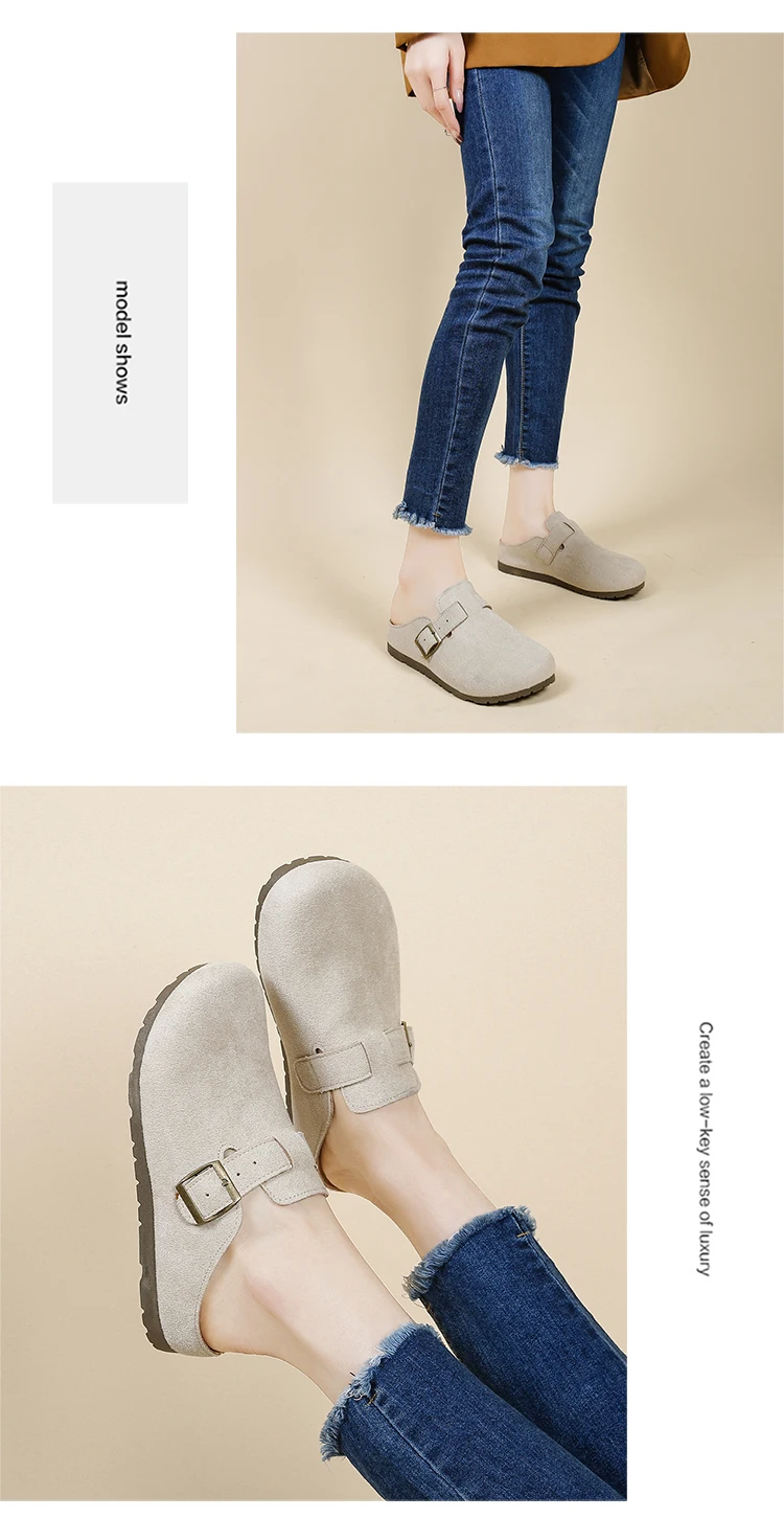 Women Retro Faux Suede Slip On Clogs Buckle Closed Toe Mules Korean Style Fashion Outdoor Flat Slippers Free Shipping Shoes