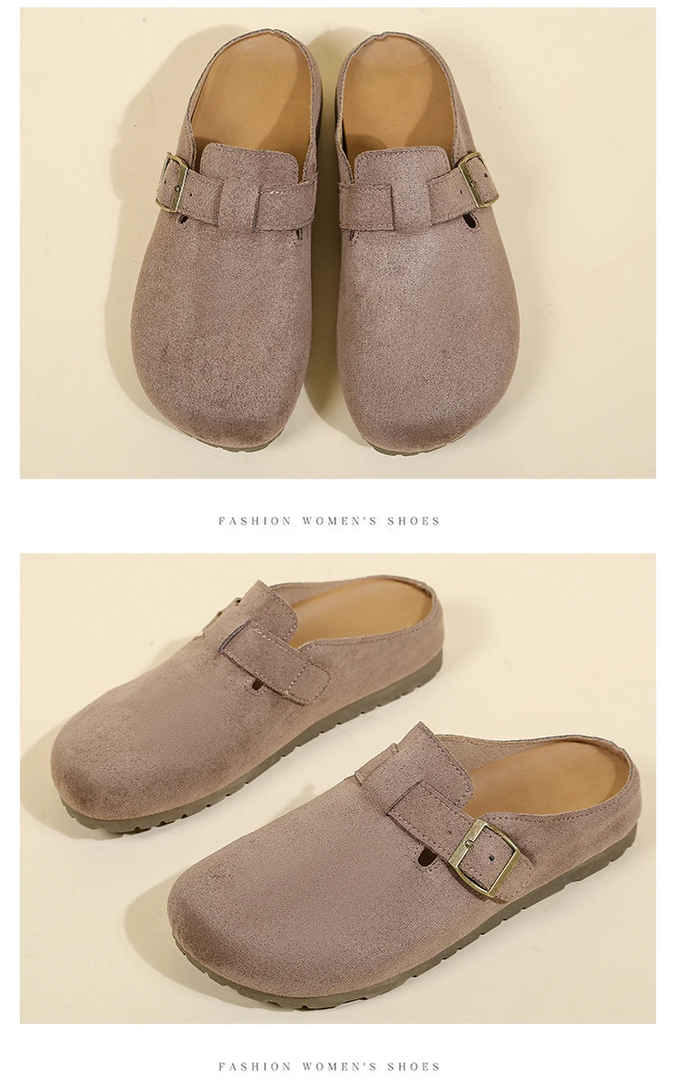 Women Retro Faux Suede Slip On Clogs Buckle Closed Toe Mules Korean Style Fashion Outdoor Flat Slippers Free Shipping Shoes