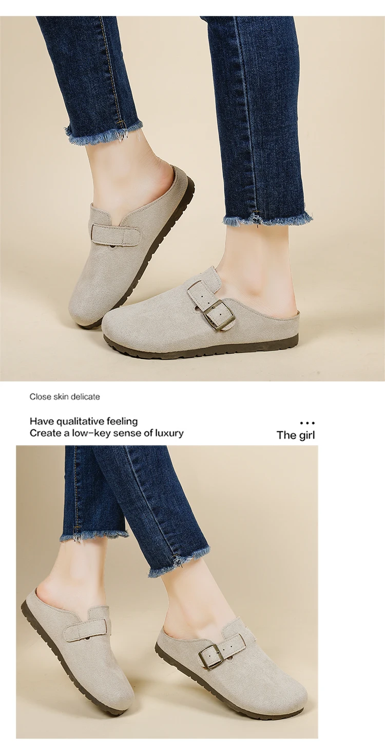 Women Retro Faux Suede Slip On Clogs Buckle Closed Toe Mules Korean Style Fashion Outdoor Flat Slippers Free Shipping Shoes