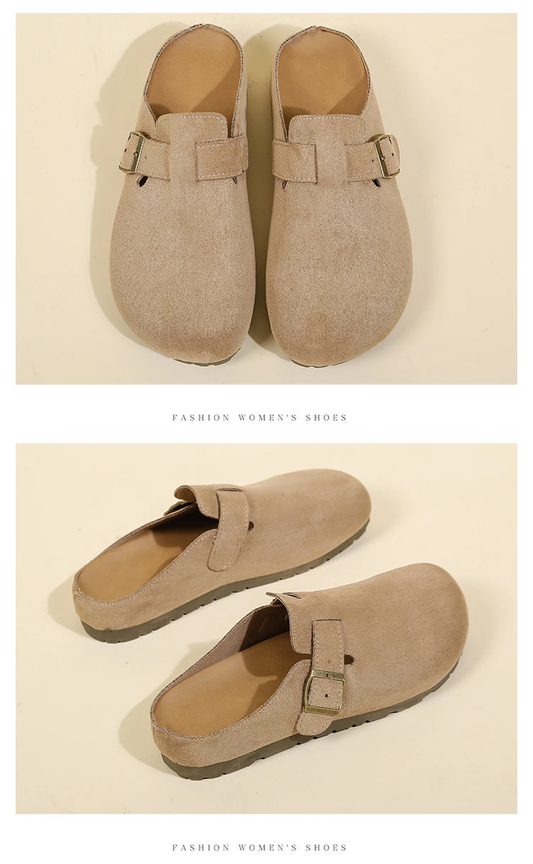 Women Retro Faux Suede Slip On Clogs Buckle Closed Toe Mules Korean Style Fashion Outdoor Flat Slippers Free Shipping Shoes