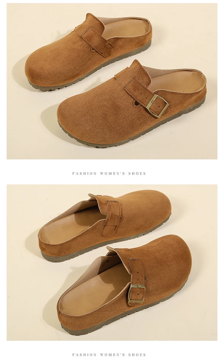 Women Retro Faux Suede Slip On Clogs Buckle Closed Toe Mules Korean Style Fashion Outdoor Flat Slippers Free Shipping Shoes