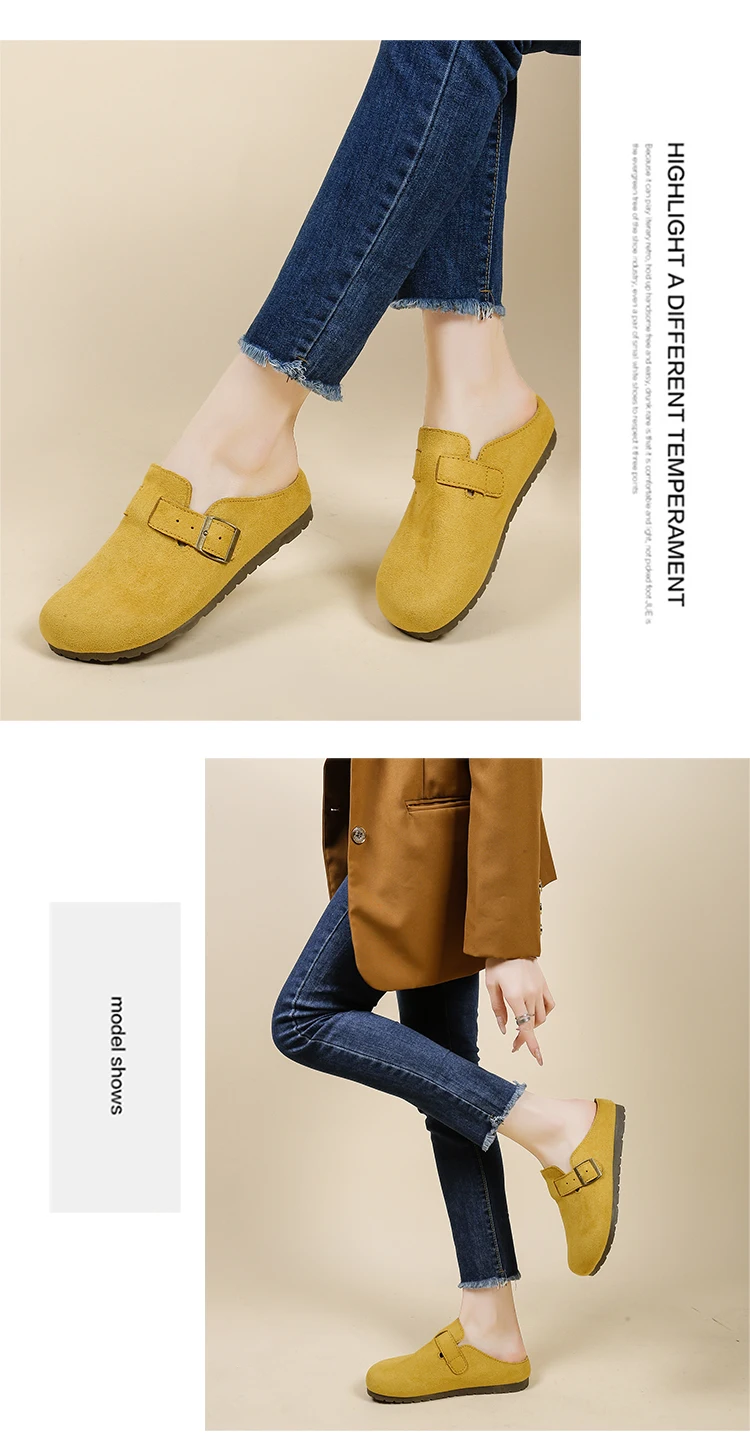 Women Retro Faux Suede Slip On Clogs Buckle Closed Toe Mules Korean Style Fashion Outdoor Flat Slippers Free Shipping Shoes