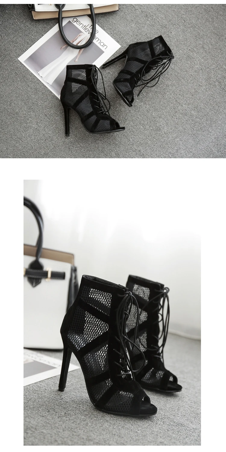 Black Sexy Lace Up Cross-tied Women Shoes Comfort High Quality Thin Heels Open Toe Dancing Sandals Ankle Strap Hollow Out Pumps