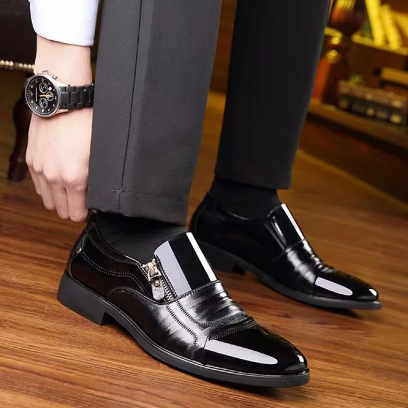 New autumn men's leather shoes Sharp pointed outdoor anti slip flat Fashion Business Zipper Footwear Casual comfort male shoes