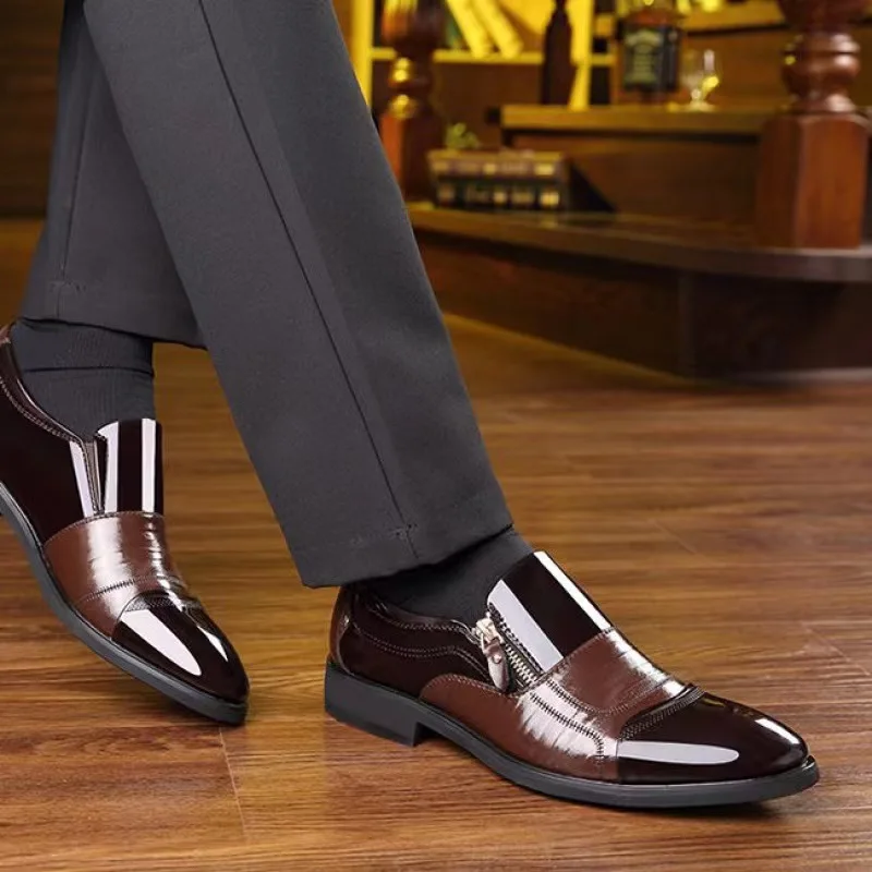 New autumn men's leather shoes Sharp pointed outdoor anti slip flat Fashion Business Zipper Footwear Casual comfort male shoes