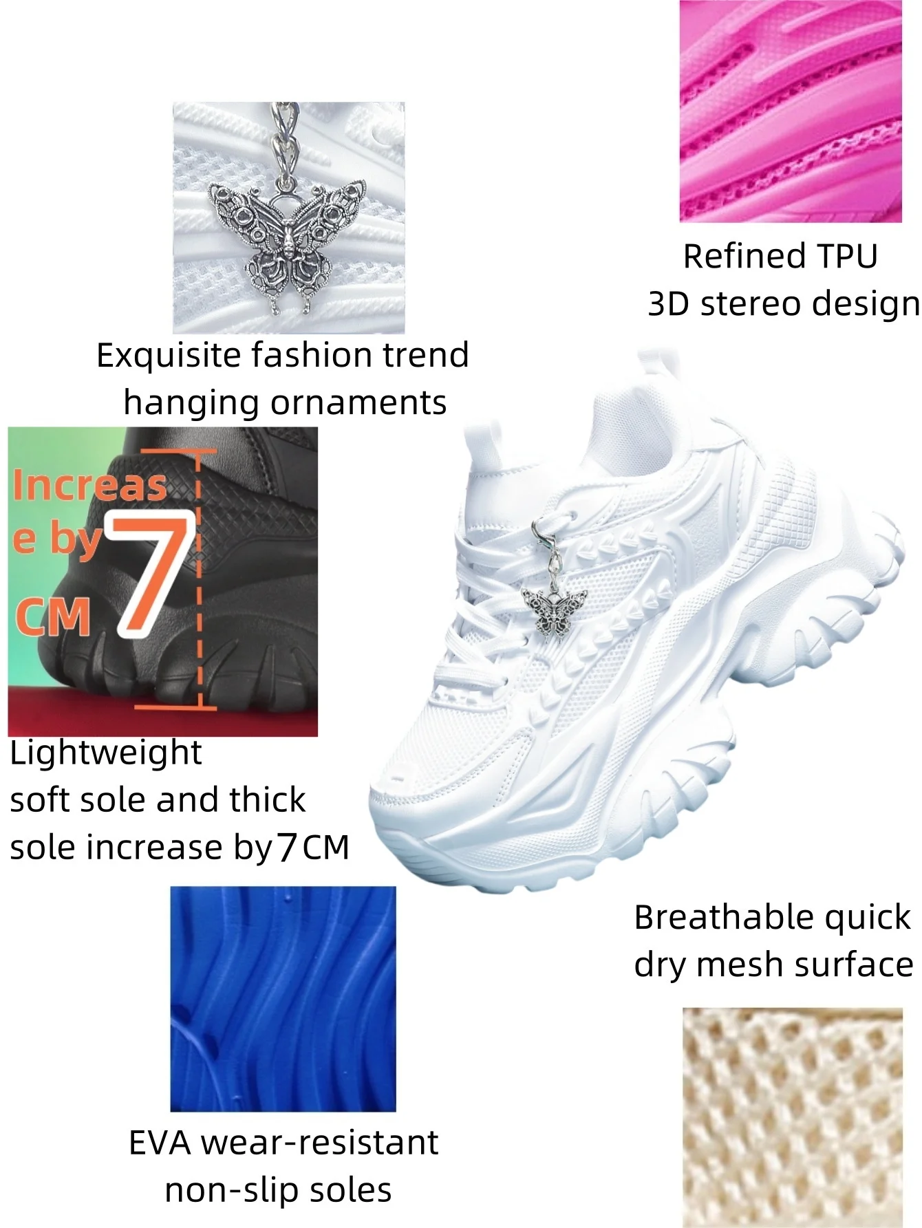 Women's Lightweight 7cm Height-Increasing White Platform Trendy Versatile Fashion Casual Vulcanized Shoes with Silver Butterfly Decoration and Chain Accessory, High Platform Trendy Versatile White Women's Comfortable Soft-Soled Shock-Absorbing Non-Slip Vulcanized Shoes, Summer Breathable Quick-Dry Mesh Sandals for Daily Walking, Fitness, and Work, White Shoes
