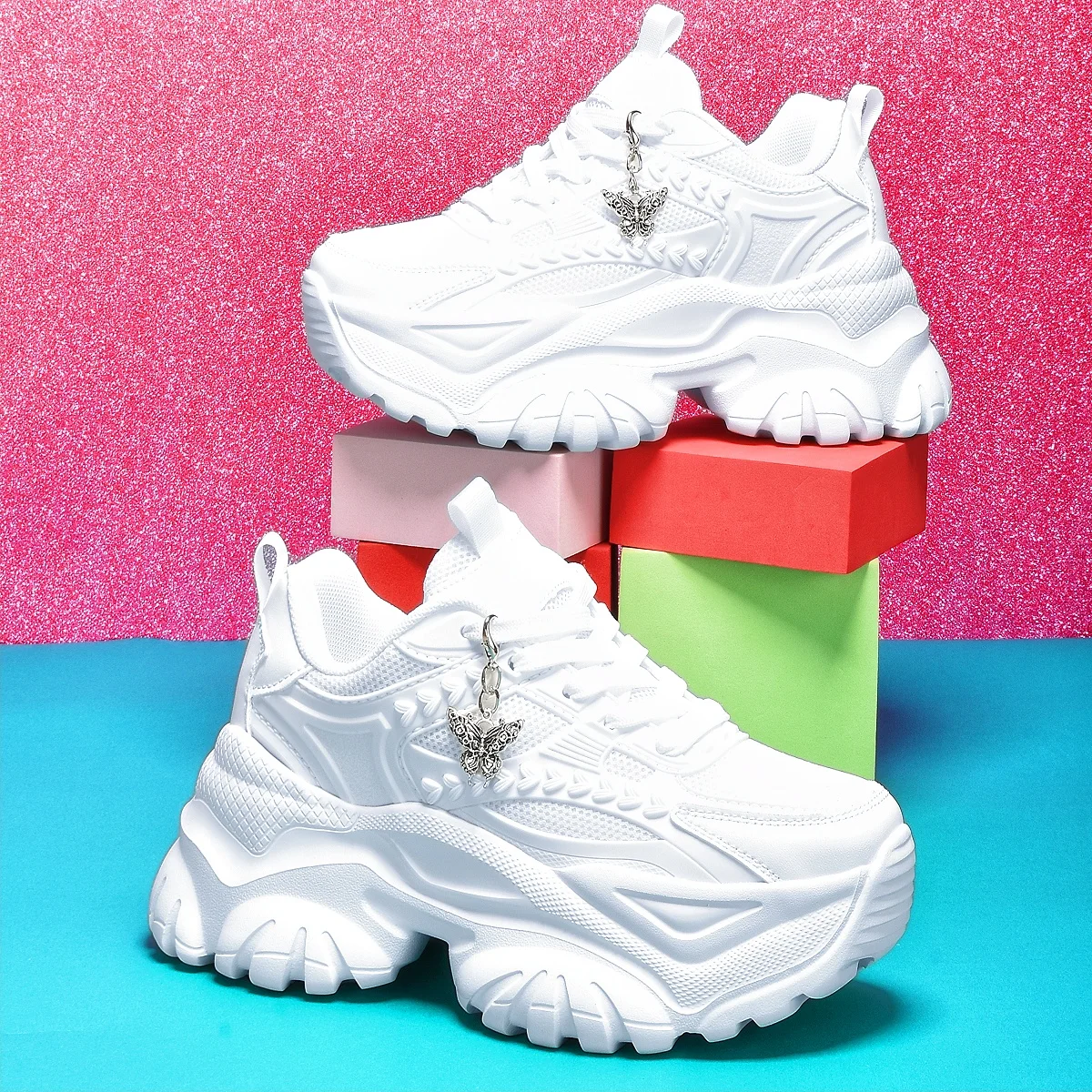 Women's Lightweight 7cm Height-Increasing White Platform Trendy Versatile Fashion Casual Vulcanized Shoes with Silver Butterfly Decoration and Chain Accessory, High Platform Trendy Versatile White Women's Comfortable Soft-Soled Shock-Absorbing Non-Slip Vulcanized Shoes, Summer Breathable Quick-Dry Mesh Sandals for Daily Walking, Fitness, and Work, White Shoes