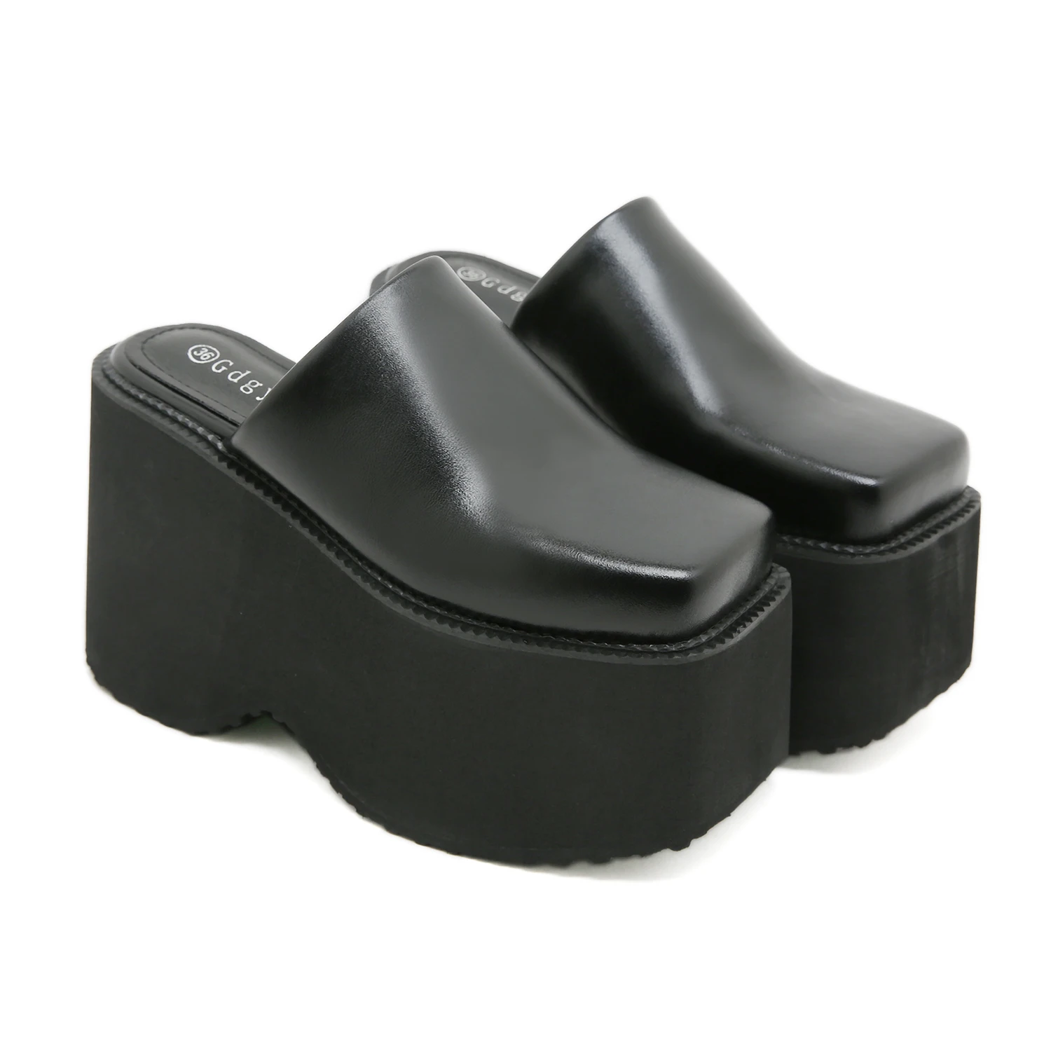 Gdgydh Fashion Square Toe Platform Mules Black PU Slip-On Loafers Thick Heels Comfortable Summer Footwear for Women Slippers