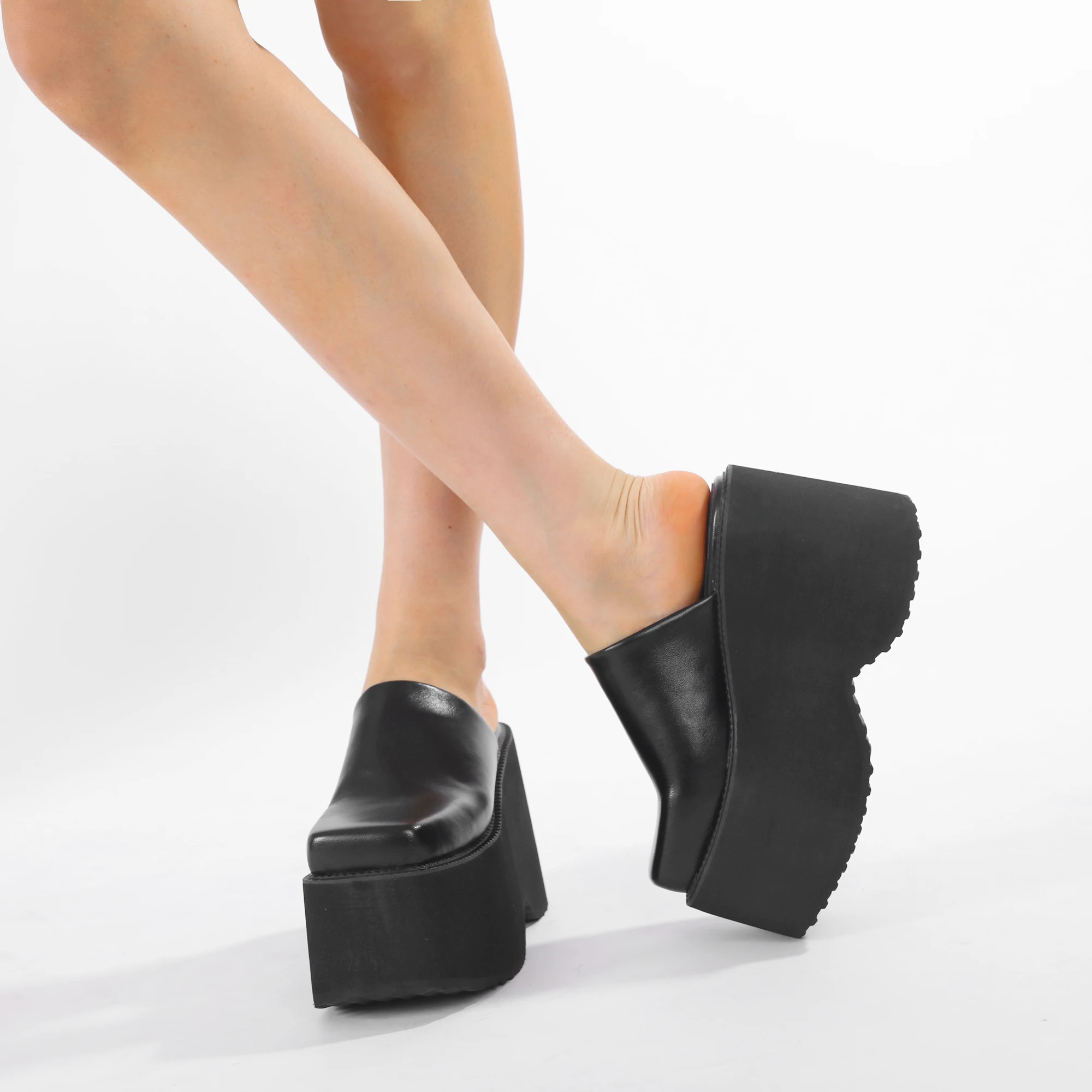 Gdgydh Fashion Square Toe Platform Mules Black PU Slip-On Loafers Thick Heels Comfortable Summer Footwear for Women Slippers