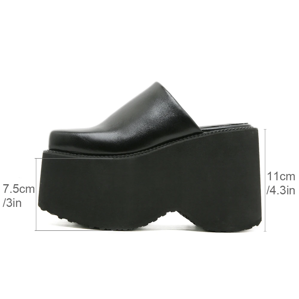 Gdgydh Fashion Square Toe Platform Mules Black PU Slip-On Loafers Thick Heels Comfortable Summer Footwear for Women Slippers