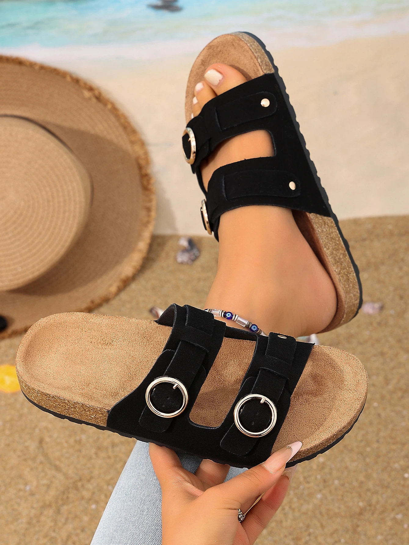 Women's All-Season Casual Simple Solid Color Pu Upper Cork-Patterned Flat Slip-On Sandals with Adjustable Round Buckle and Double Straps, Comfortable Beach Slide Sandals