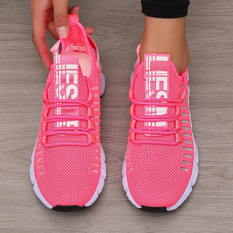 Women's Sneakers Knitted Mesh Breathable Fashionable Lightweight Soft Lace Up Shoes Flexible Trendy Exercise Walking Flat Shoes