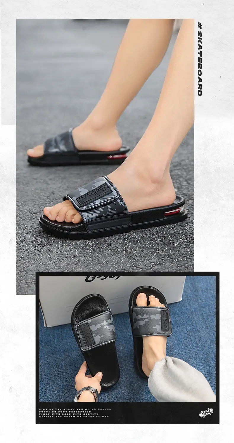 Unisex White Camo Velcro Slide Sandals Air Cushion Thick Lug Sole Adjustable Strap Non Slip Outdoor Beach Casual Slippers