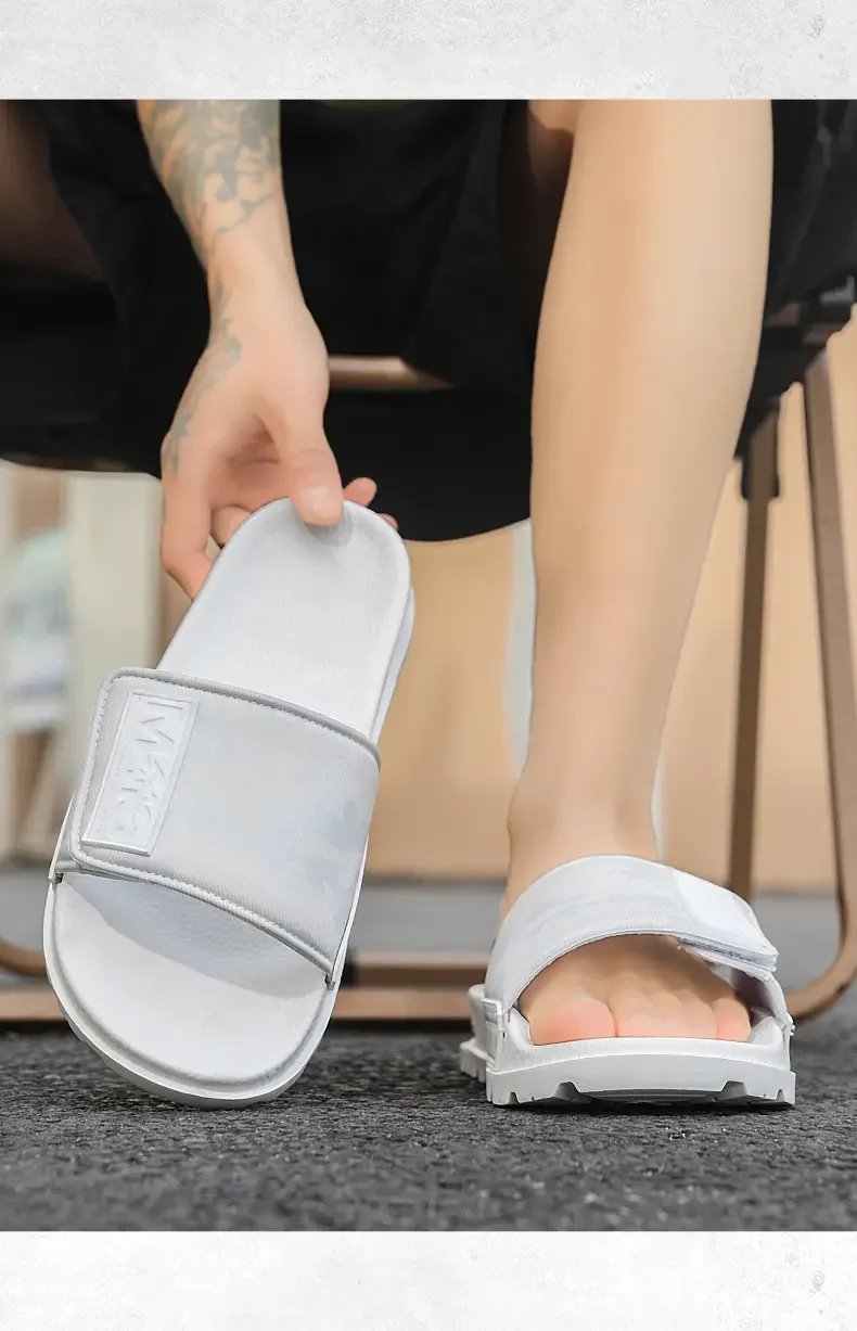 Unisex White Camo Velcro Slide Sandals Air Cushion Thick Lug Sole Adjustable Strap Non Slip Outdoor Beach Casual Slippers