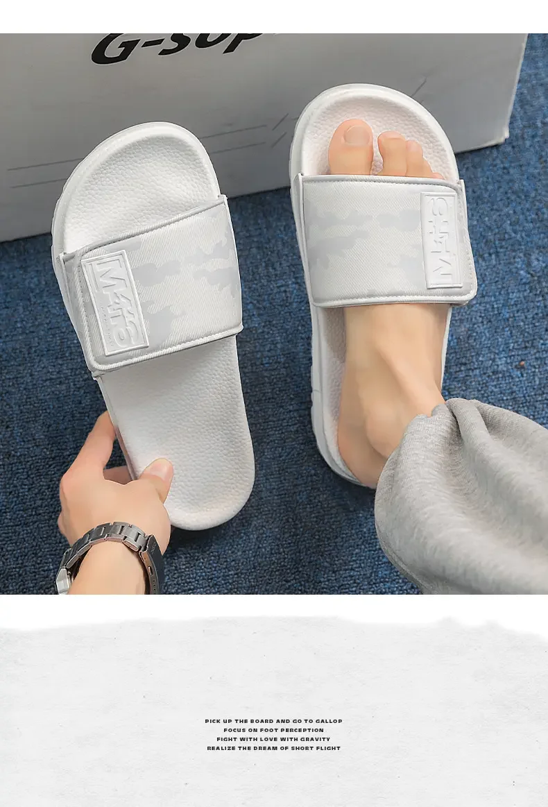 Unisex White Camo Velcro Slide Sandals Air Cushion Thick Lug Sole Adjustable Strap Non Slip Outdoor Beach Casual Slippers