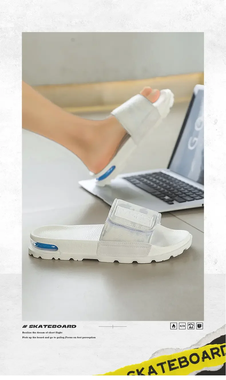 Unisex White Camo Velcro Slide Sandals Air Cushion Thick Lug Sole Adjustable Strap Non Slip Outdoor Beach Casual Slippers