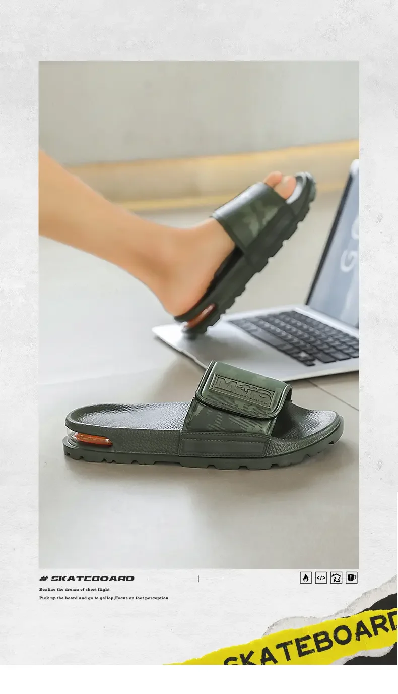 Unisex White Camo Velcro Slide Sandals Air Cushion Thick Lug Sole Adjustable Strap Non Slip Outdoor Beach Casual Slippers