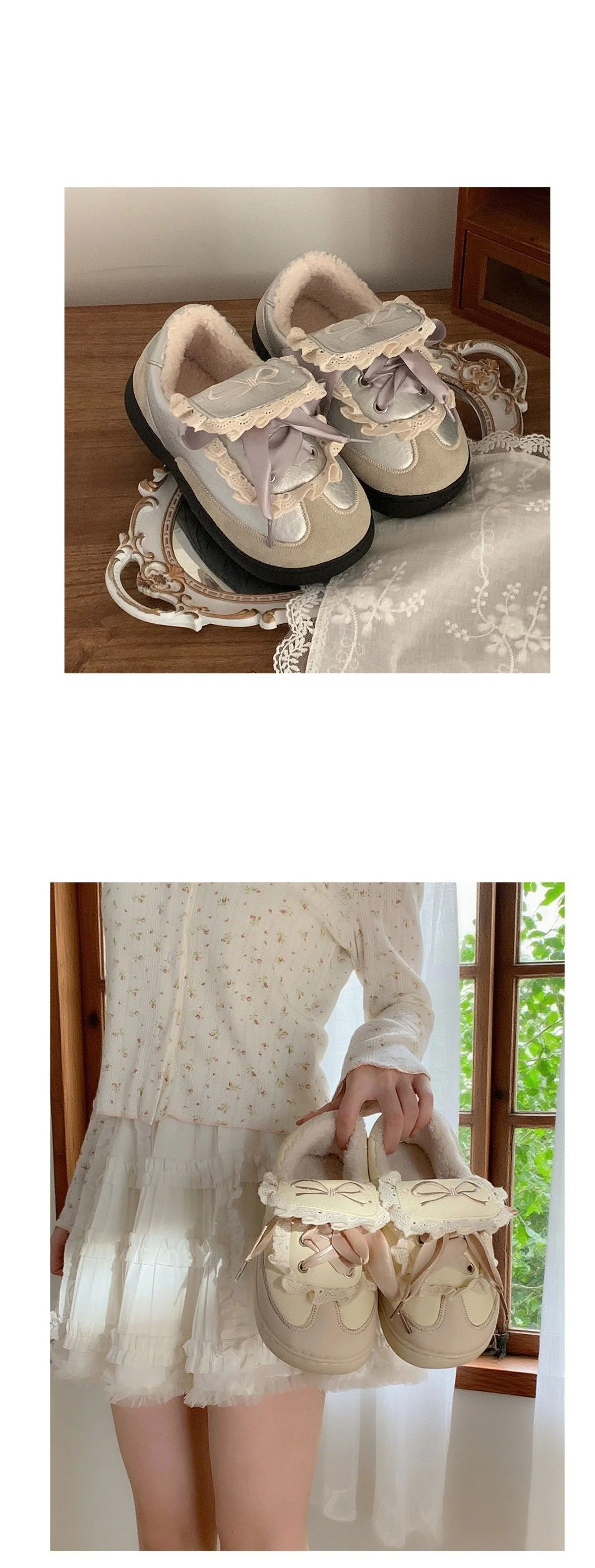 Women Winter Fleece Lined Casual Sneakers Sweet Bow Design Warm Anti Slip Shoes