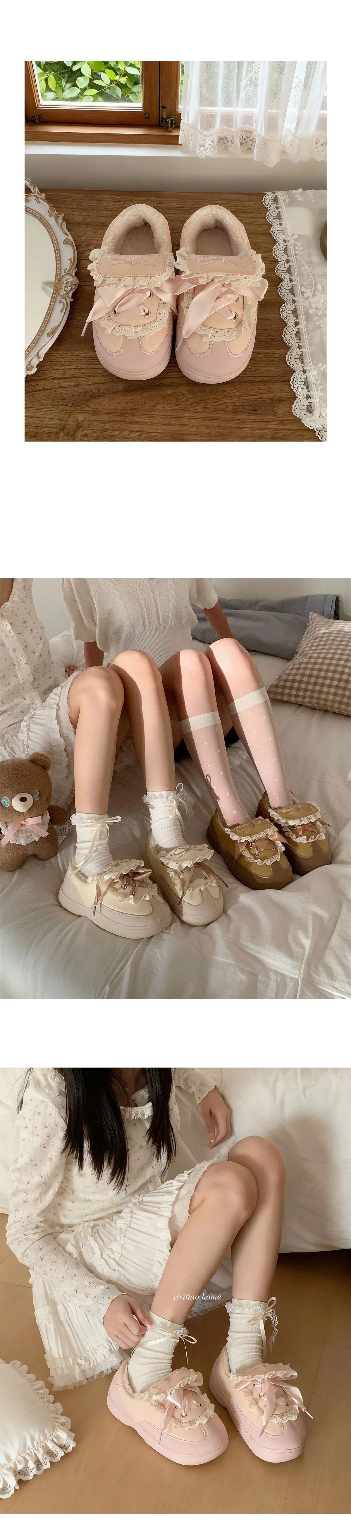Women Winter Fleece Lined Casual Sneakers Sweet Bow Design Warm Anti Slip Shoes