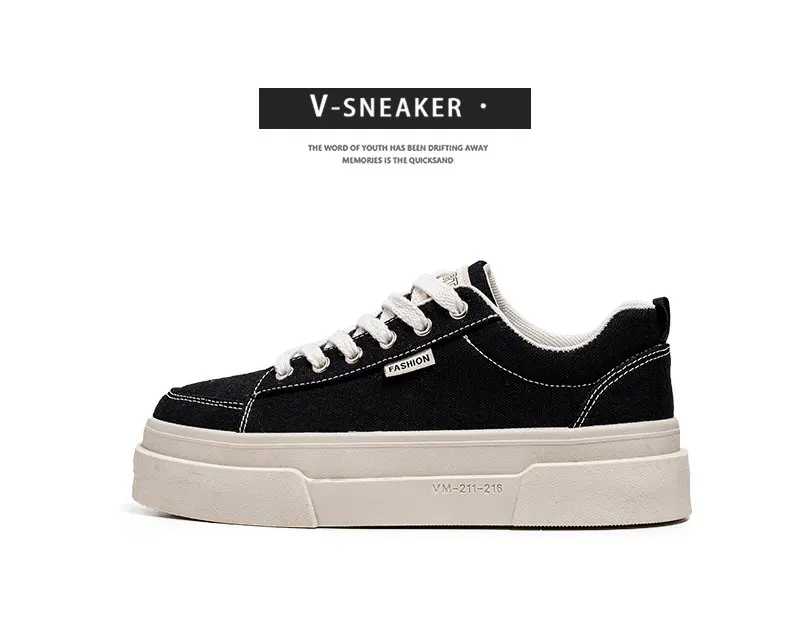Spring New Men's Breathable Casual Thick-Soled Low-Top Fashion Versatile Black Basic Canvas Shoes Trendy Skateboard Shoes Suitable for Outdoor Sports and Daily Wear
