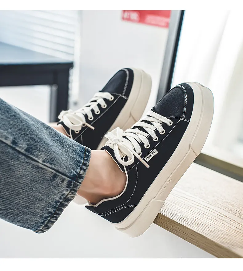 Spring New Men's Breathable Casual Thick-Soled Low-Top Fashion Versatile Black Basic Canvas Shoes Trendy Skateboard Shoes Suitable for Outdoor Sports and Daily Wear