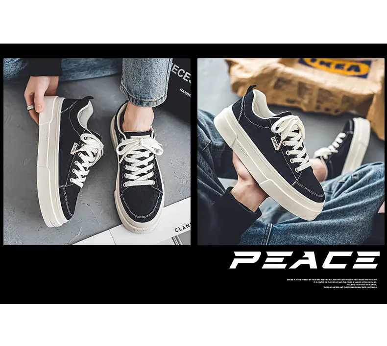 Spring New Men's Breathable Casual Thick-Soled Low-Top Fashion Versatile Black Basic Canvas Shoes Trendy Skateboard Shoes Suitable for Outdoor Sports and Daily Wear