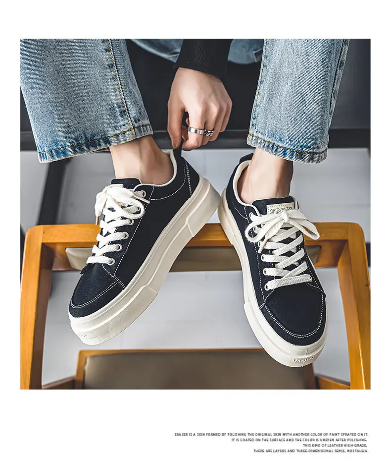 Spring New Men's Breathable Casual Thick-Soled Low-Top Fashion Versatile Black Basic Canvas Shoes Trendy Skateboard Shoes Suitable for Outdoor Sports and Daily Wear