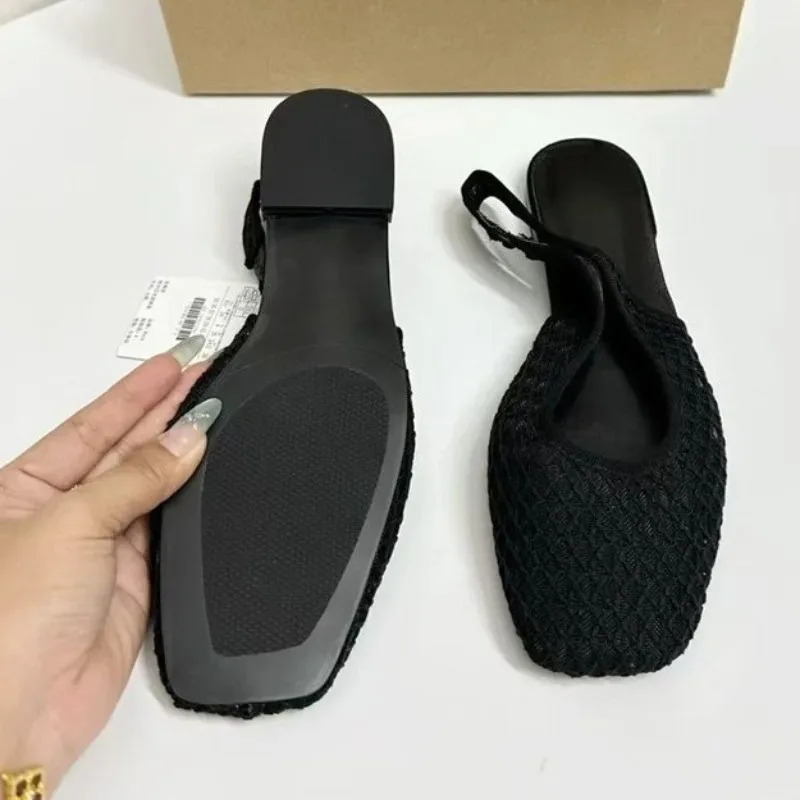 Summer Breathable Weave Mesh Flat Women Sandals Casual Square Toe Slingback Beach Hollow Out Footwear For Lady Shoes