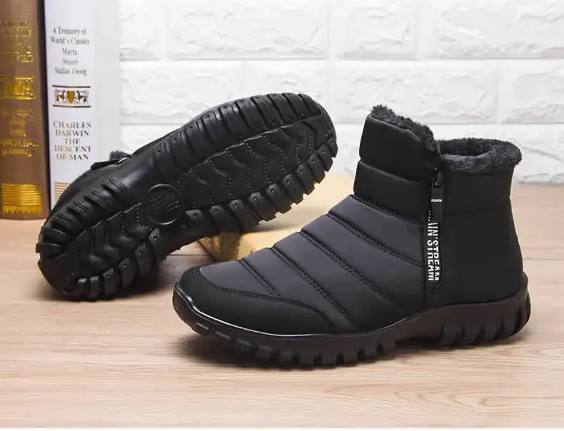 Men's Autumn Winter Side Zipper Snow Ankle Boots Waterproof Plush Lined Warm Casual Cotton Shoes, Free Shipping