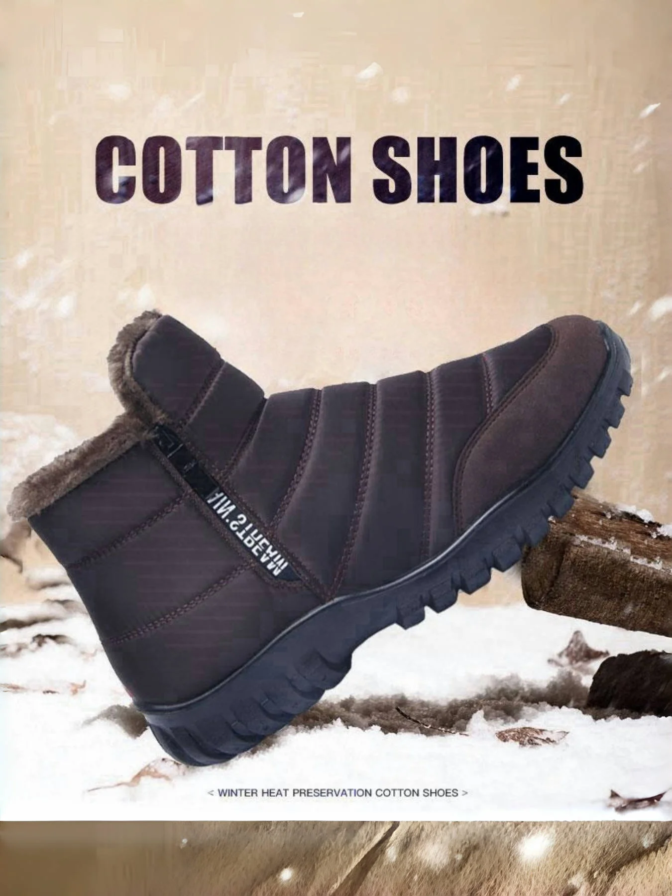 Men's Autumn Winter Side Zipper Snow Ankle Boots Waterproof Plush Lined Warm Casual Cotton Shoes, Free Shipping