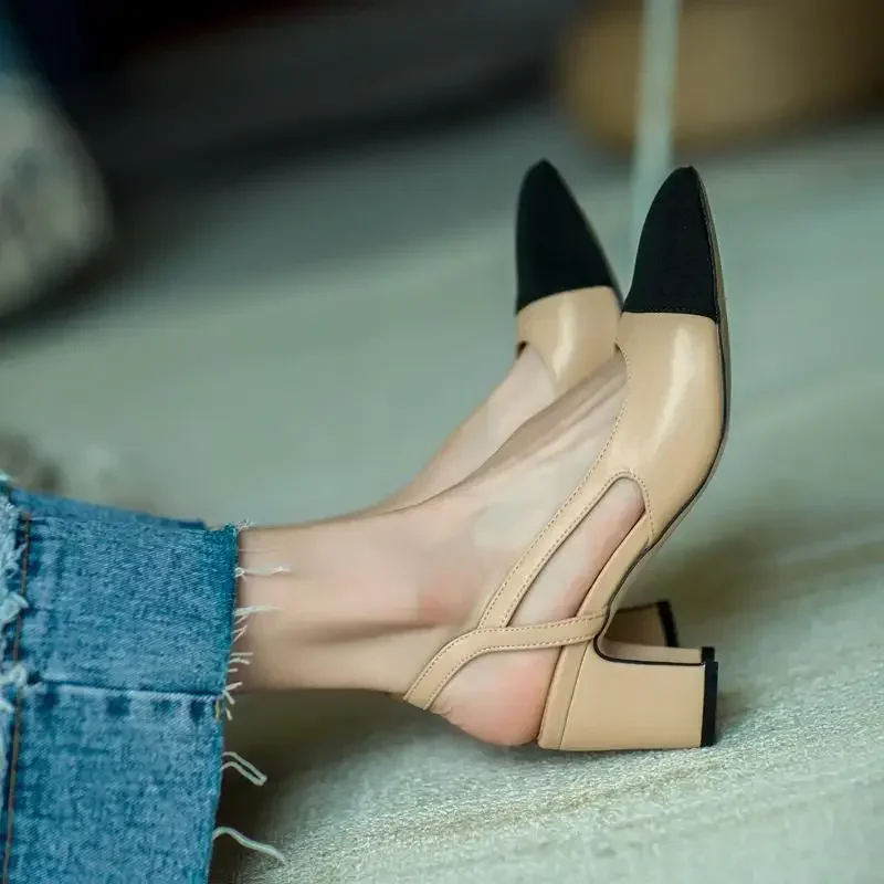 Summer Fashion Color Blocked Flat Bottom Coarse Heel Women's Sandals New Small Fragrant Style Shallow Mouth Low Tailored Shoes