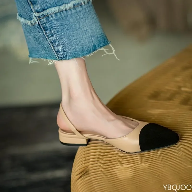 Summer Fashion Color Blocked Flat Bottom Coarse Heel Women's Sandals New Small Fragrant Style Shallow Mouth Low Tailored Shoes