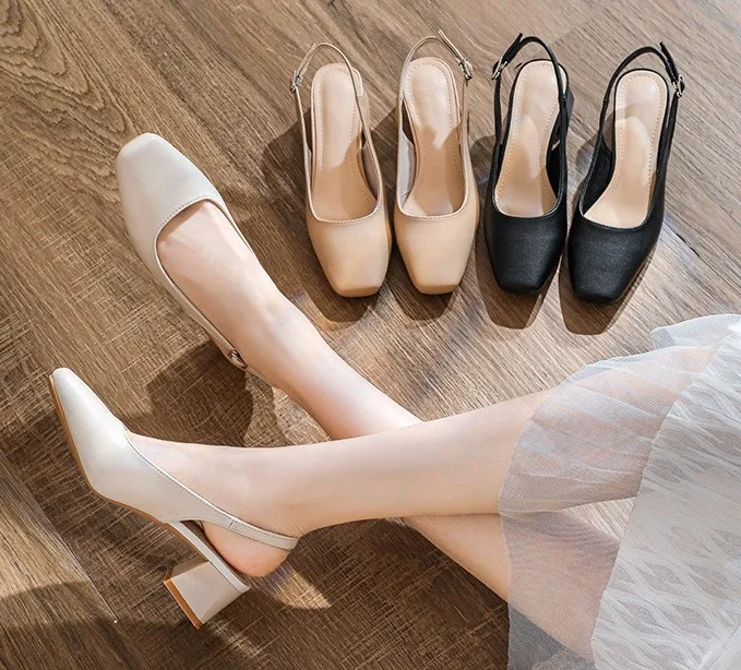 New Mid Thick Heel High Heels Women's Shoes French Baotou Shallow Mouth Sandals Women's Summer Large Coarse Heeled Sandals