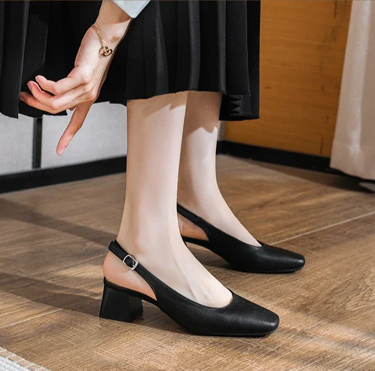 New Mid Thick Heel High Heels Women's Shoes French Baotou Shallow Mouth Sandals Women's Summer Large Coarse Heeled Sandals