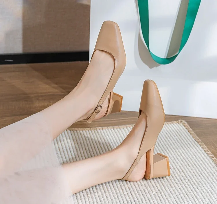 New Mid Thick Heel High Heels Women's Shoes French Baotou Shallow Mouth Sandals Women's Summer Large Coarse Heeled Sandals