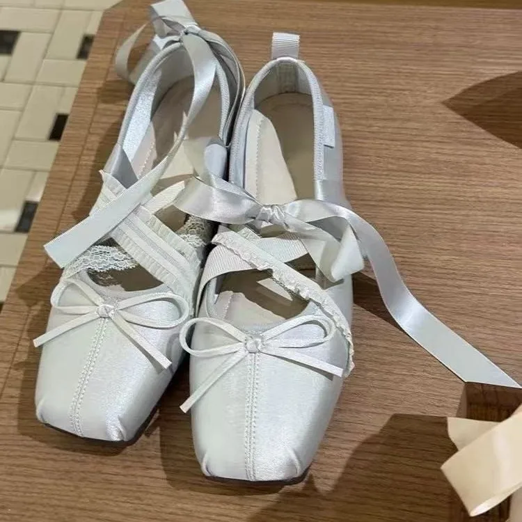 Mary Jane Premium Silver Satin Square Toe Lace-Up Mary Jane Shoes 2026 New Single Shoes