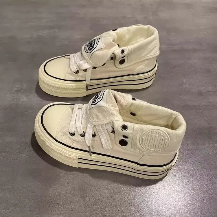New Women High Top Canvas Board Shoes Outer Flanged Sneakers Dual Purpose Short Boots Thick Outsole Height Increased Lace Up