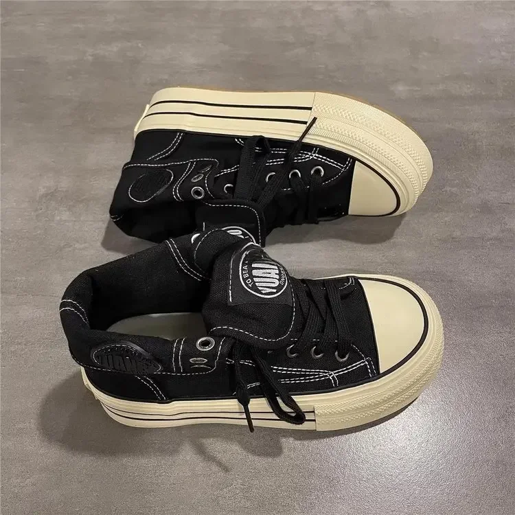 New Women High Top Canvas Board Shoes Outer Flanged Sneakers Dual Purpose Short Boots Thick Outsole Height Increased Lace Up