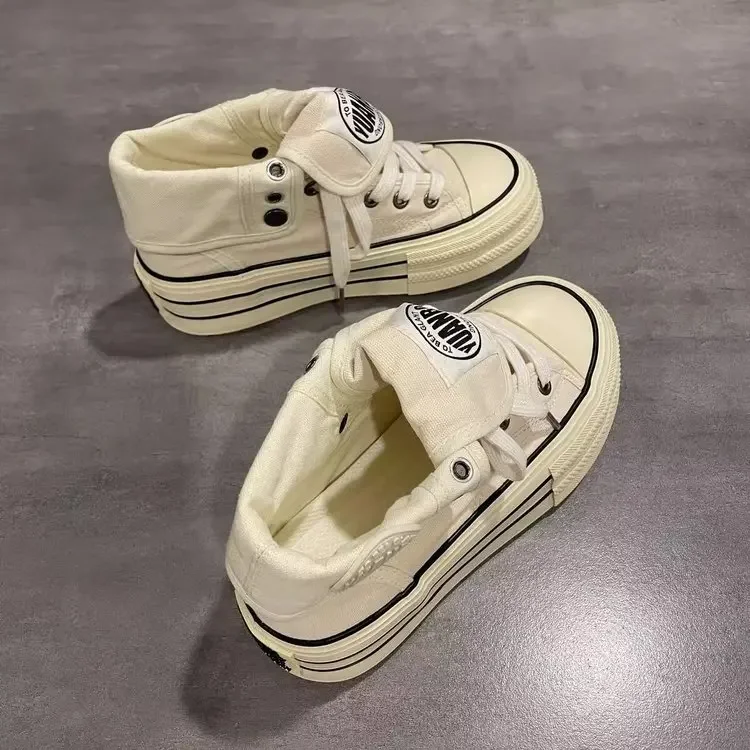 New Women High Top Canvas Board Shoes Outer Flanged Sneakers Dual Purpose Short Boots Thick Outsole Height Increased Lace Up
